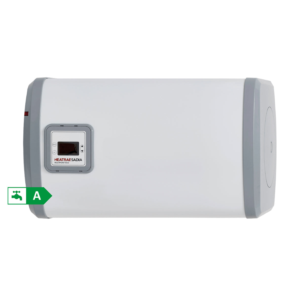White Horizontal Heatrae Sadia Mulitpoint Eco Unvented Water Heater with 80 litre capacity with left side connection